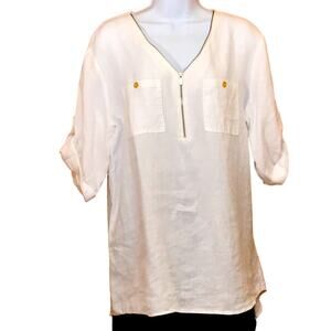Ellen Tracy White Pure Linen Blouse. L